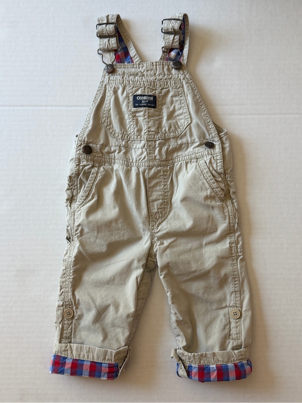 OshKosh B’gosh Khaki Plaid Lined Vestbak Overalls 18M